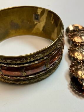 Mixed Metal Wide Inlay Bangle Bracelet - Gold and Copper Tones